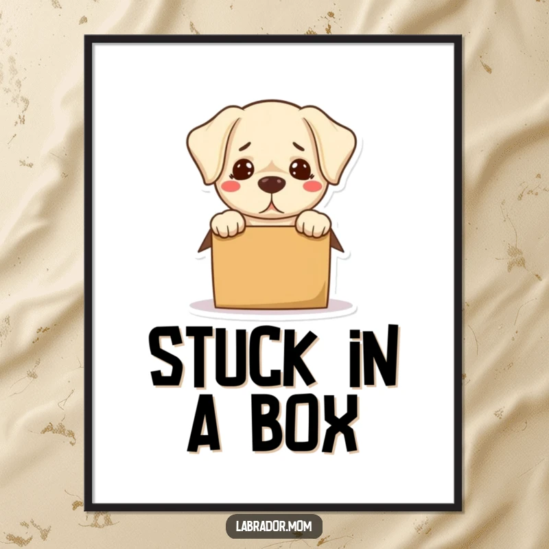 Funny Kawaii Labrador Digital Art Print of a dog hilariously trying to fit in a box, perfect for humorous decor.