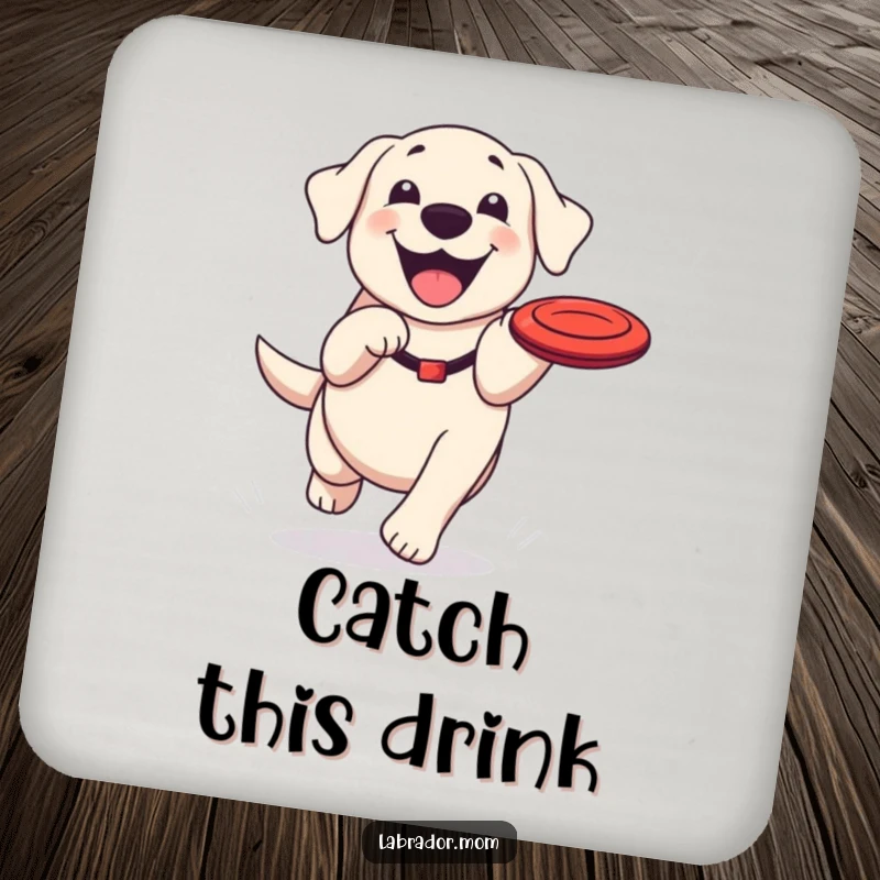 Funny Kawaii Labrador coasters, a set of drink coasters with a happy dog grinning while chasing a frisbee, adding charm.