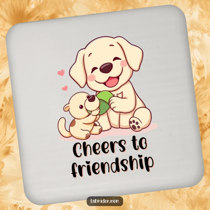 Funny Kawaii labrador sharing a toy with a friend, adding a touch of sweetness to drinks on these protective and humorous coasters.