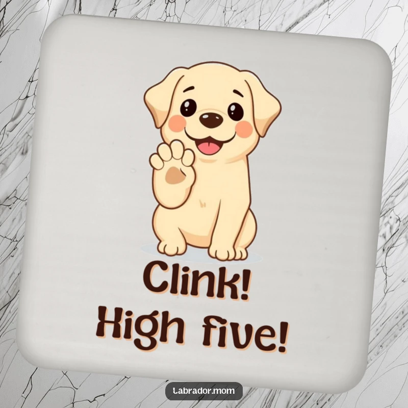 Funny Kawaii Labrador Coaster with a smiling dog offering its paw for a high-five, offering humorous table protection.