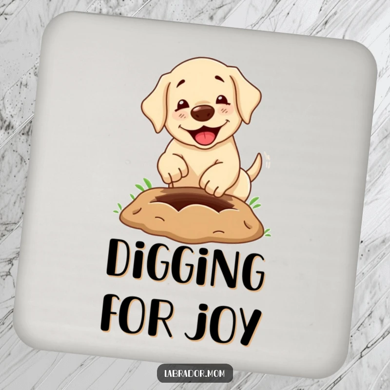 Funny Drink Coasters: A cute kawaii labrador dog digging a comically large hole, adding humorous decoration to protect furniture.
