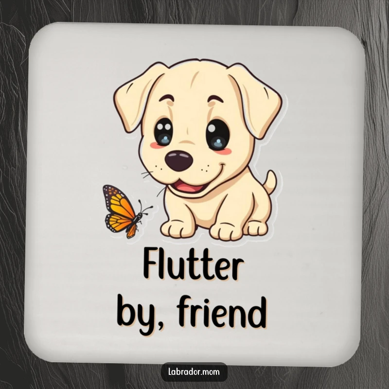 Funny Kawaii Labrador Coaster, a cute lab curiously sniffs a butterfly, bringing a touch of nature's wonder and playful protection to tabletops