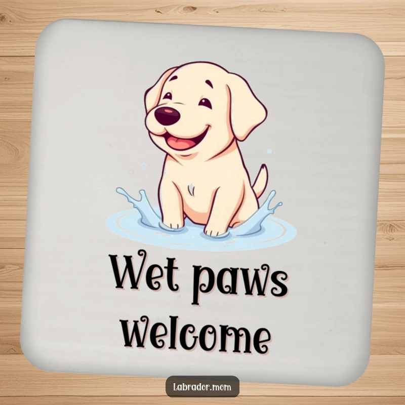 Funny Drink Coaster: A grinning kawaii Labrador splashing in a puddle, protecting surfaces with adorable humor.