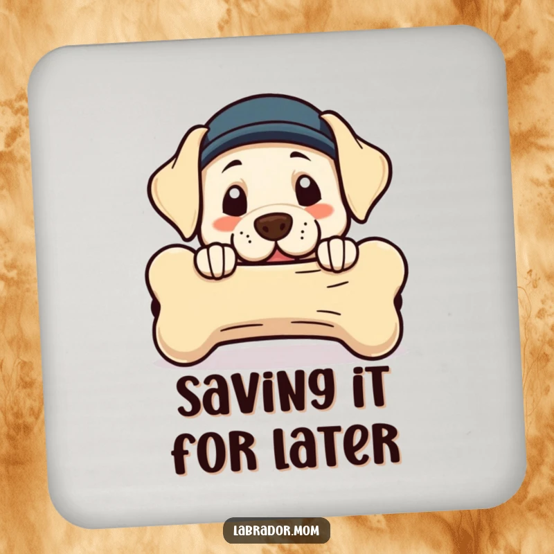 Funny Kawaii Labrador drink coaster featuring a cute dog peeking from behind a giant bone, adding humor.