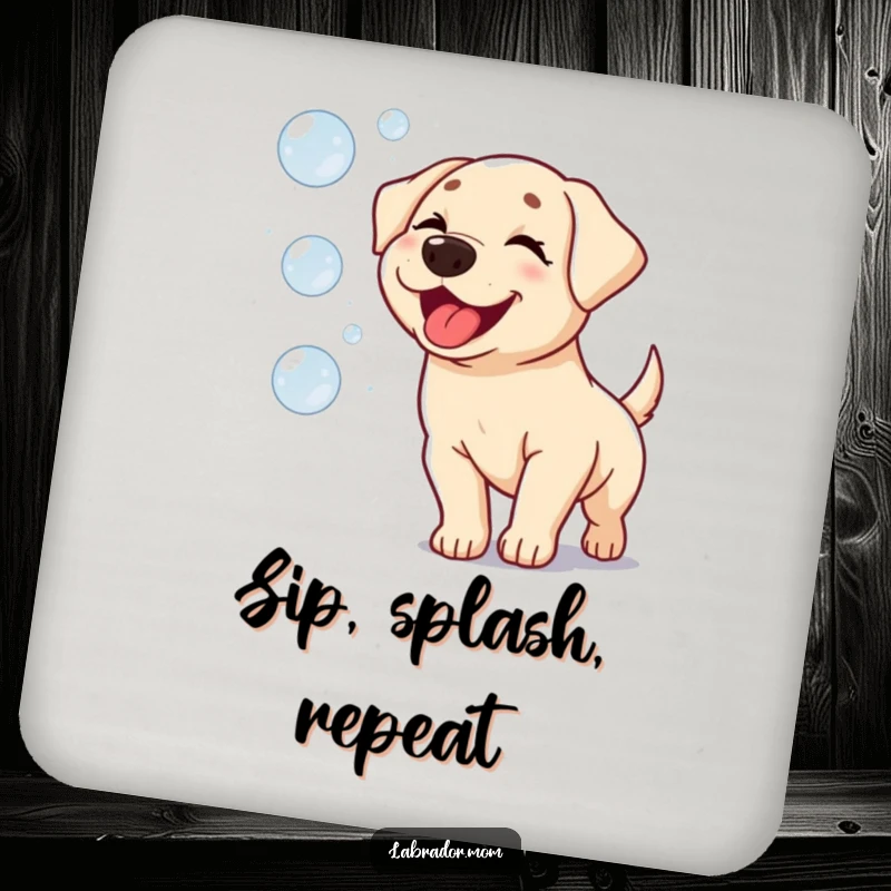 Funny Kawaii Labrador Coaster: A sweet, winking dog in pursuit of floating bubbles.