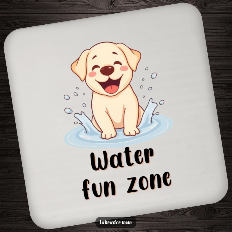 Funny Kawaii Labrador coaster, depicting a happy dog jumping in a puddle, water flying, protecting surfaces with canine charm.