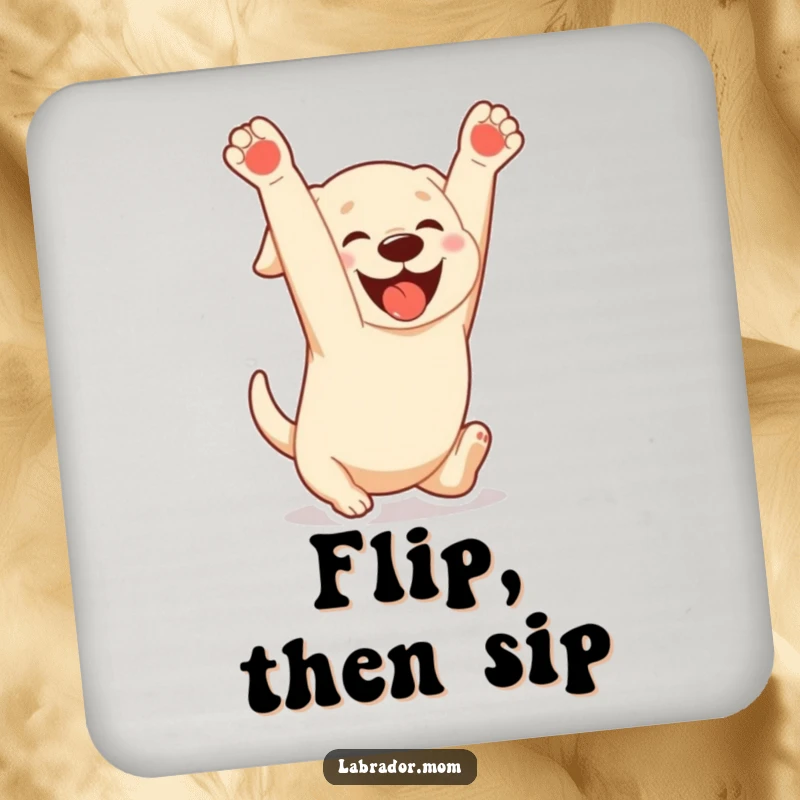Funny Kawaii Labrador coaster depicting a dog doing a playful somersault with a gleeful expression, protecting surfaces with humorous joy.