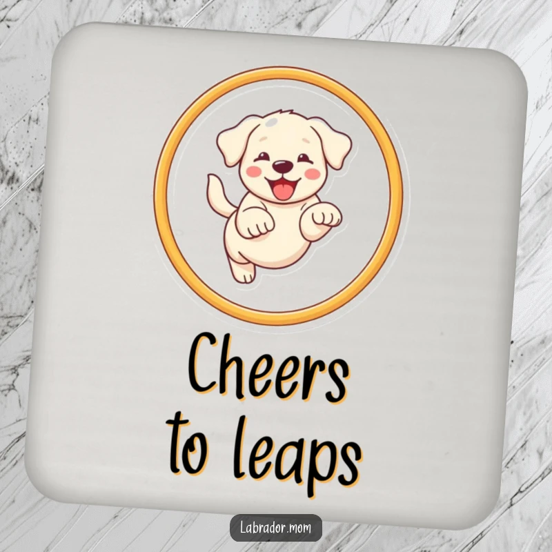 Funny Kawaii Labrador drink coaster with a happy dog leaping through a hoop, perfect for surface protection.
