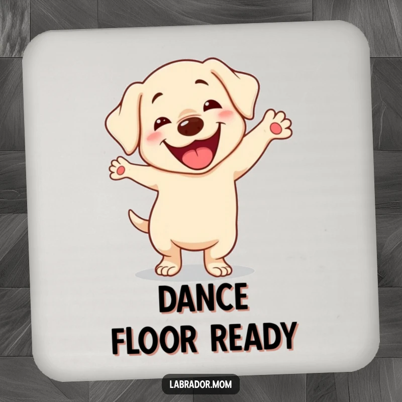 Funny Kawaii Labrador Drink Coaster, cute dog doing a silly dance with a goofy smile, protecting surfaces with humor, ideal gift.