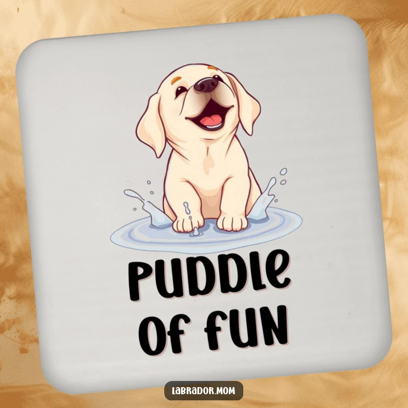 Funny drink coasters showing a labrador dog joyfully splashing in a puddle, bringing a touch of messy fun to any surface.