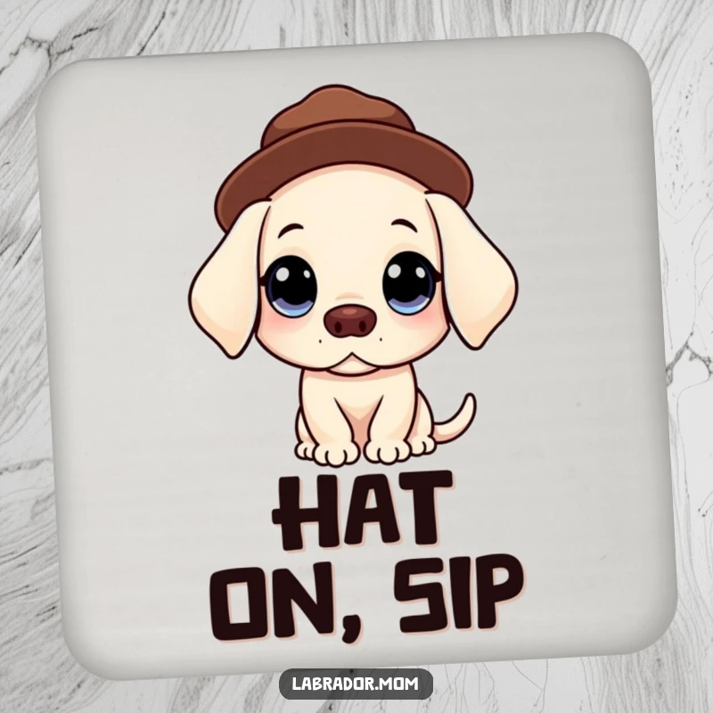 Funny Kawaii Labrador coaster with big, innocent eyes balancing a hat, protecting surfaces with sweet, humorous charm.