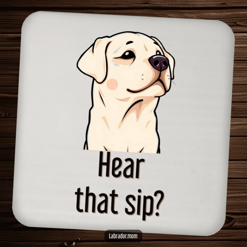 Funny Kawaii Labrador coasters featuring a cute dog with head tilted. Humorous drink protection.