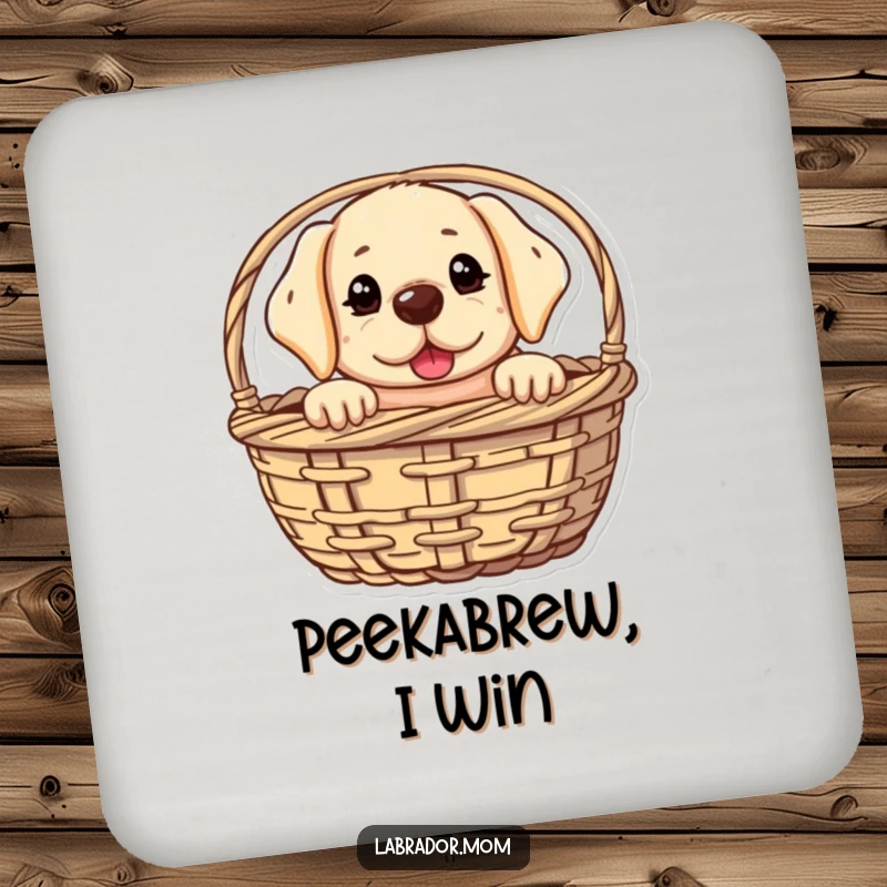 Funny kawaii Labrador coasters with a cute dog peeking from a basket with a mischievous glint, adding humorous and adorable protection to surfaces.