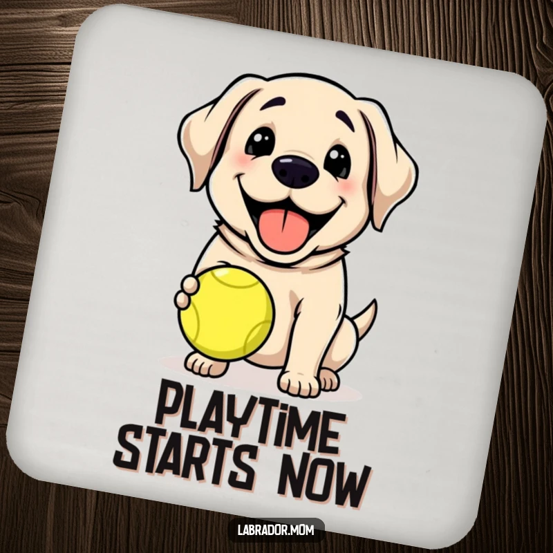 Funny Kawaii Labrador dog grinning, holding a tennis ball, cute coaster, table decor, dog lover, funny gift.