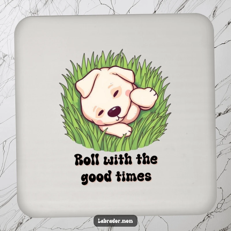 Funny kawaii Labrador rolling playfully in green grass on a coaster, protecting surfaces with charm.