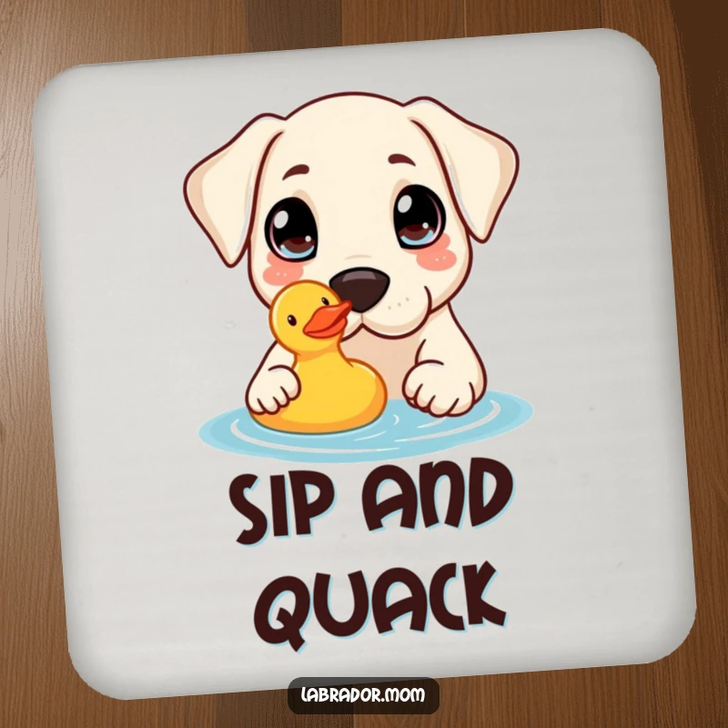 Funny Drink Coaster: A kawaii Labrador with curious eyes nudges a rubber duck, protecting surfaces with charming innocence.