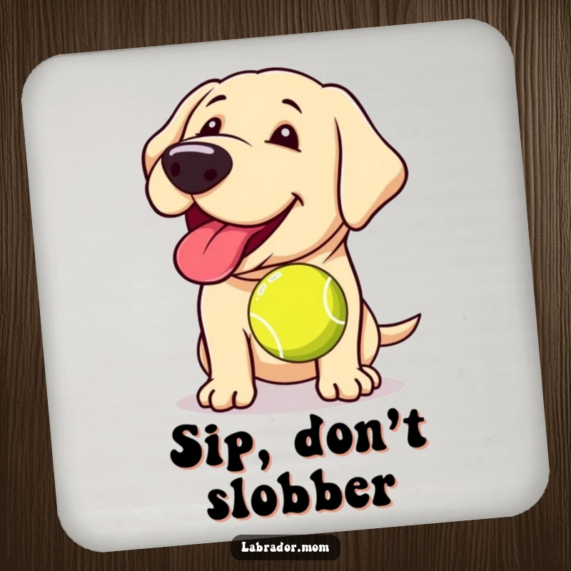 Funny Kawaii Labrador coasters, a set of drink coasters with a happy panting dog holding a slobbery tennis ball, adding charm.