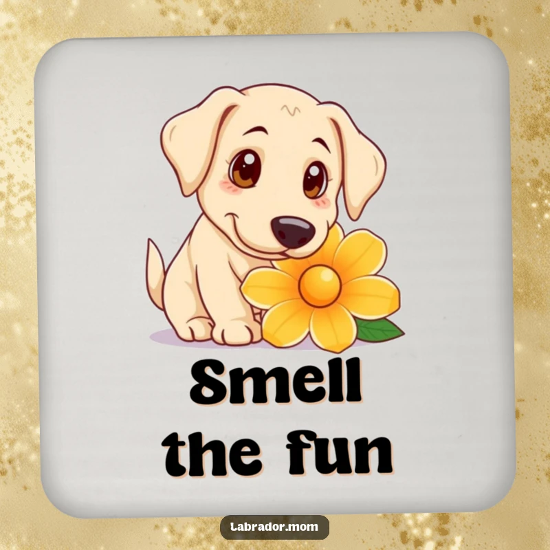 Funny Coaster depicting a playful Labrador with big, curious eyes sniffing a giant flower, adding a touch of gentle charm.
