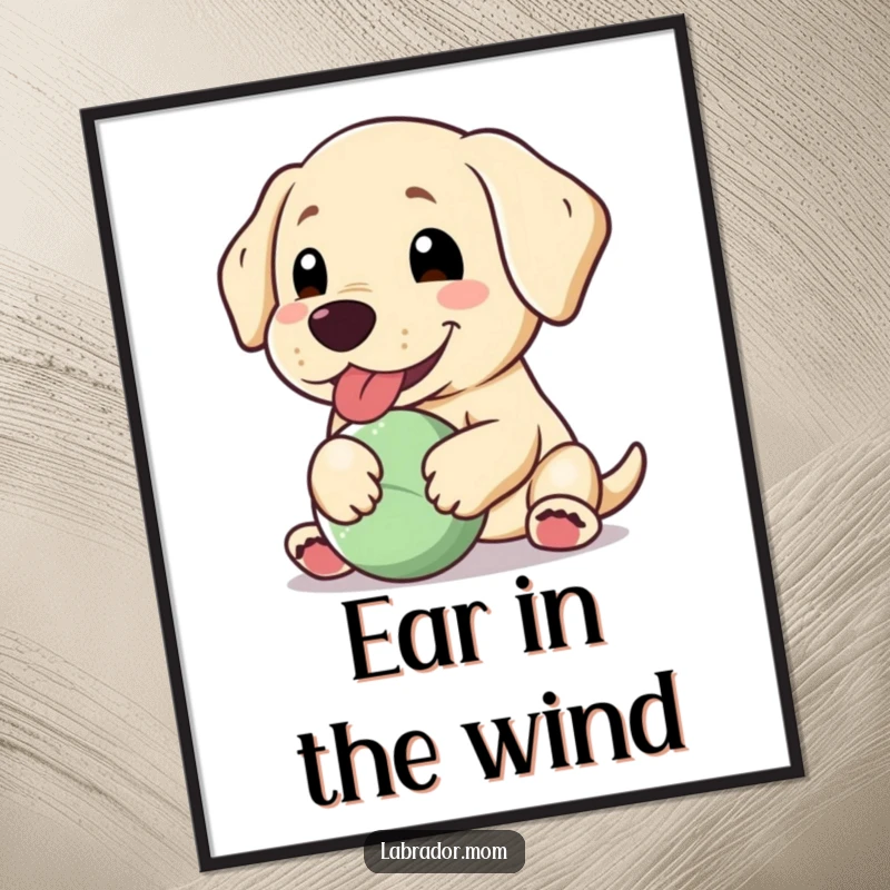 Funny Kawaii Labrador poster, a happy dog panting contentedly with a floppy ear, holding a ball, radiating infectious joy.