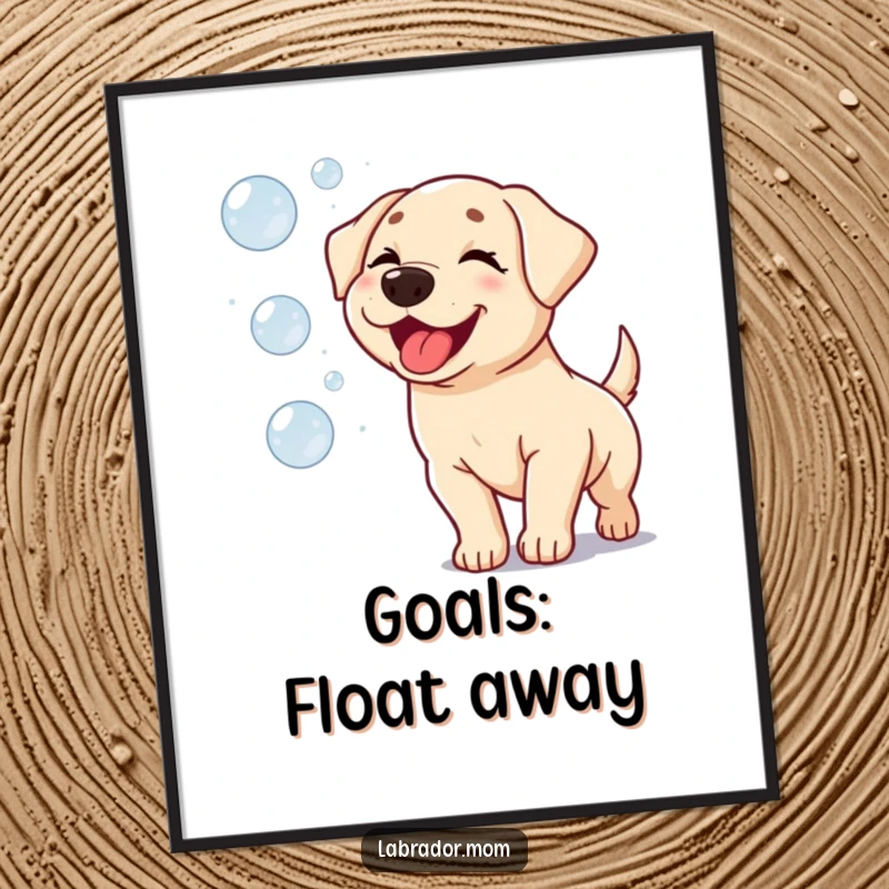 Funny Kawaii Labrador Poster: A cute, winking dog joyfully chasing iridescent bubbles up into a clear blue sky.
