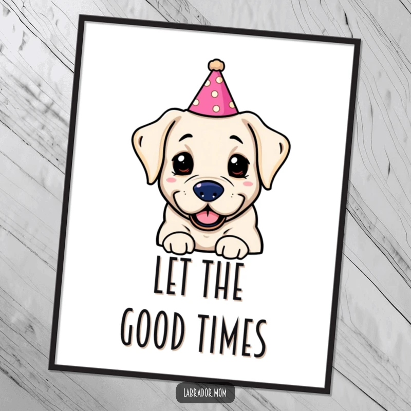Funny Kawaii labrador wearing a silly party hat, captured in a moment of pure celebratory bliss on this vibrant poster.