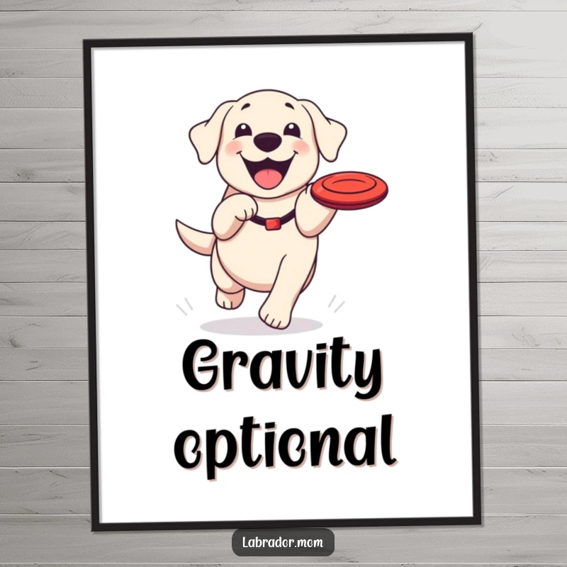 Funny Kawaii Labrador poster, wall art of a cute dog with a happy grin chasing a frisbee in mid-air, full of life.