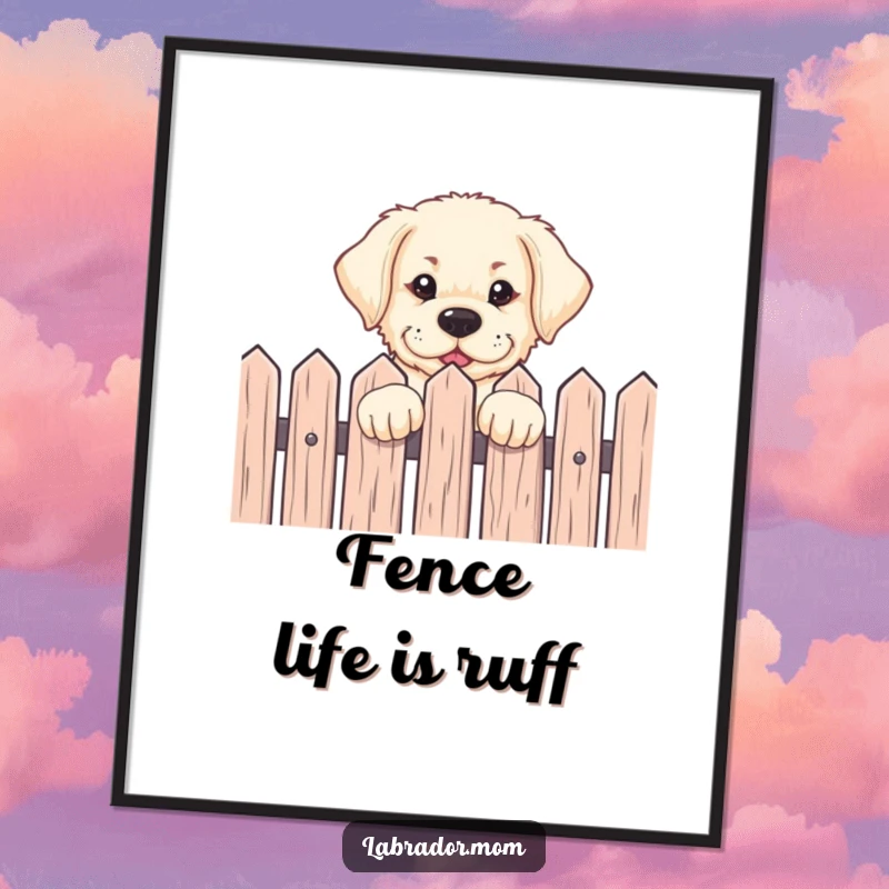 Funny Labrador pup peeking over a fence with an eager expression, presented as vibrant wall art for dog enthusiasts.