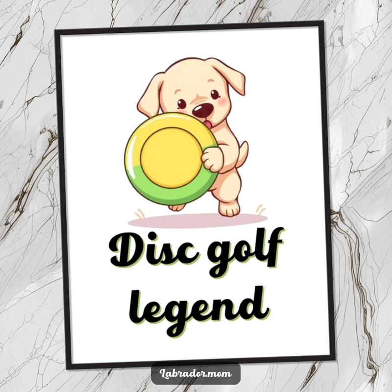 Funny Labrador puppy poster art, a cute cub joyfully fetching a colorful Frisbee.