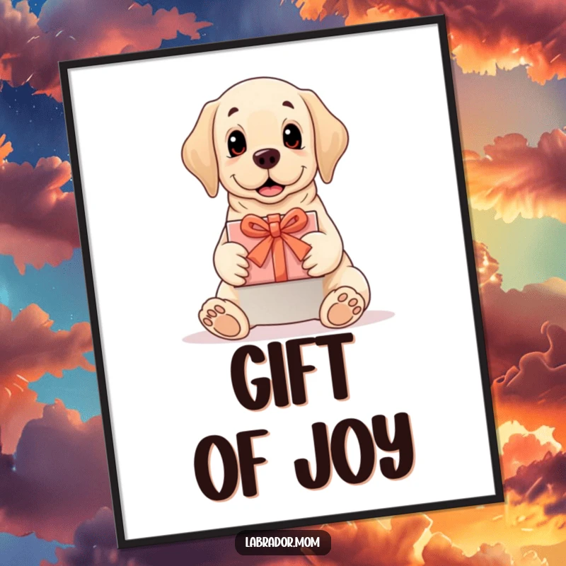 Funny Labrador poster print of a dog presenting a perfectly wrapped gift, conveying warmth and thoughtfulness, a funny gift.