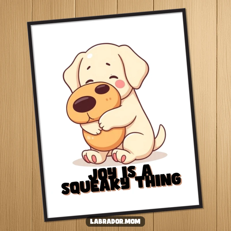 Funny kawaii Labrador hugging a large cartoonish squeaky toy, a delightful and cute poster for dog lovers.