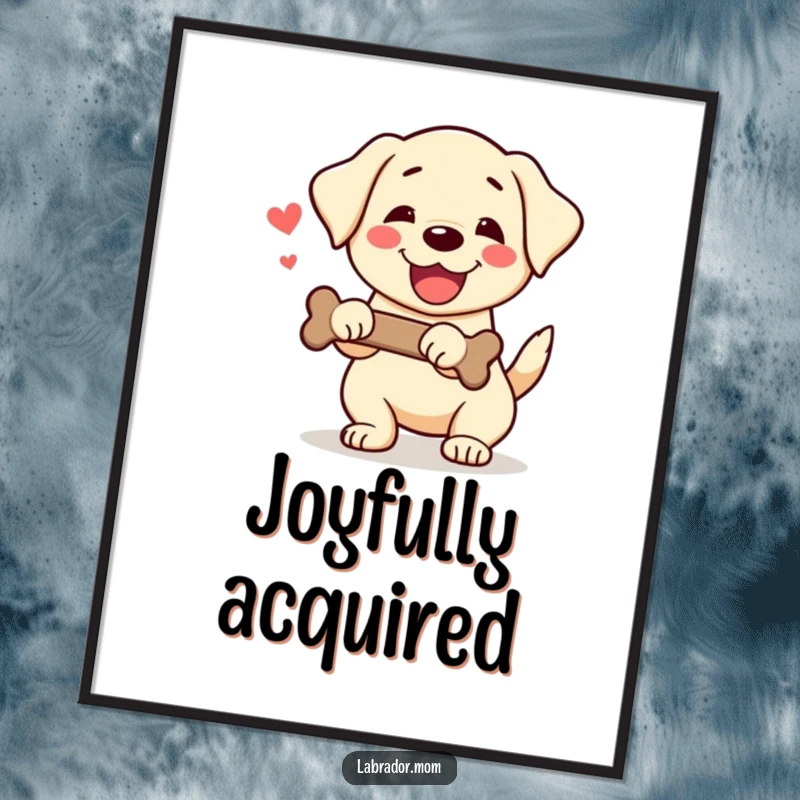 Funny Kawaii Labrador Poster showing a happy dog wagging its tail excitedly while holding a bone, radiating pure happiness.