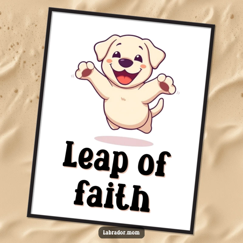 Funny Kawaii Labrador Poster, a dynamic illustration of a dog jumping joyfully with paws outstretched, bringing cheer to any wall.