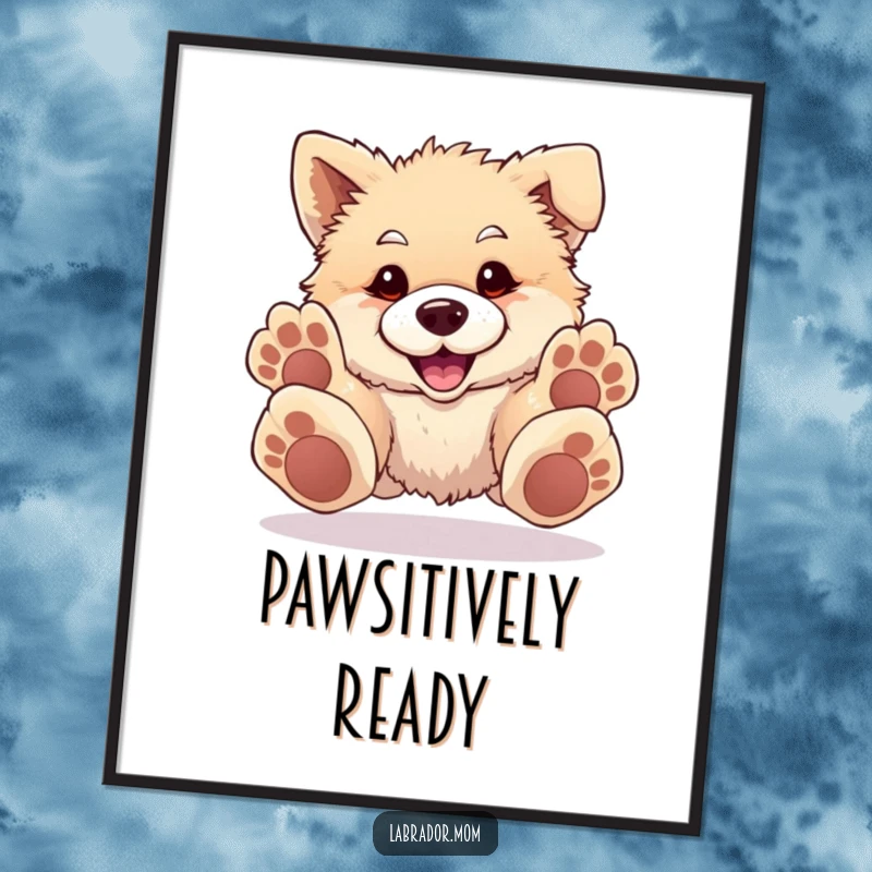 Funny Poster featuring a fluffy, happy dog with oversized paws playfully pouncing forward, creating a sense of energetic cuteness.