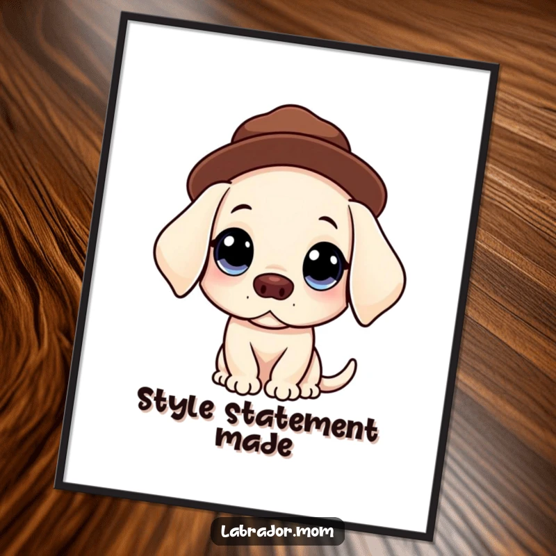 Funny Kawaii Labrador poster showing a dog with big, innocent eyes balancing a hat, bringing sweet, humorous charm to wall art.
