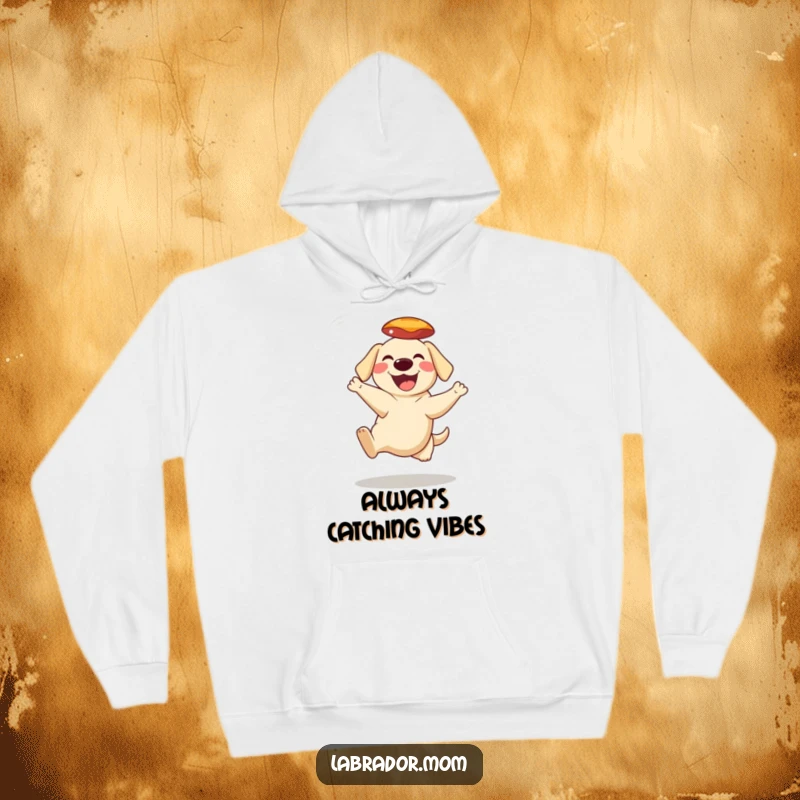 Funny Hoodie illustrating a grinning Labrador character executing a spectacular mid-air frisbee catch, showcasing agility and fun.