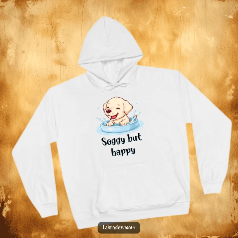 Funny giggling Labrador cub splashing in a bubbly pool, printed on a warm, soft hoodie.
