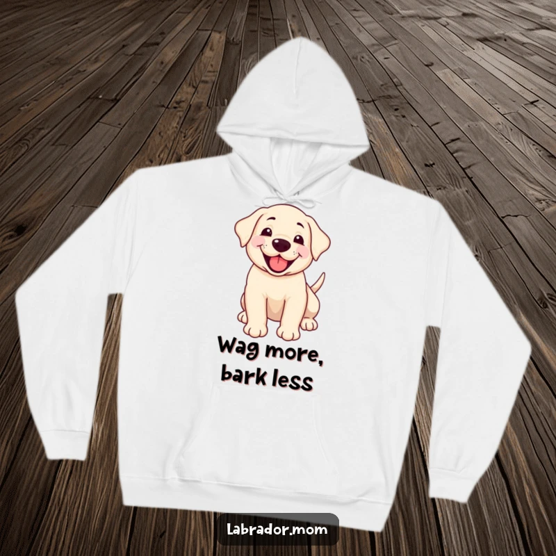 Funny smiling Labrador cub panting happily with a wagging tail, printed on a warm, comfortable hoodie.