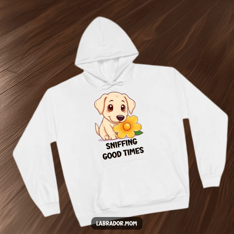 Funny Hoodie illustrating a playful Labrador with big, curious eyes sniffing a giant flower, embodying innocent exploration.