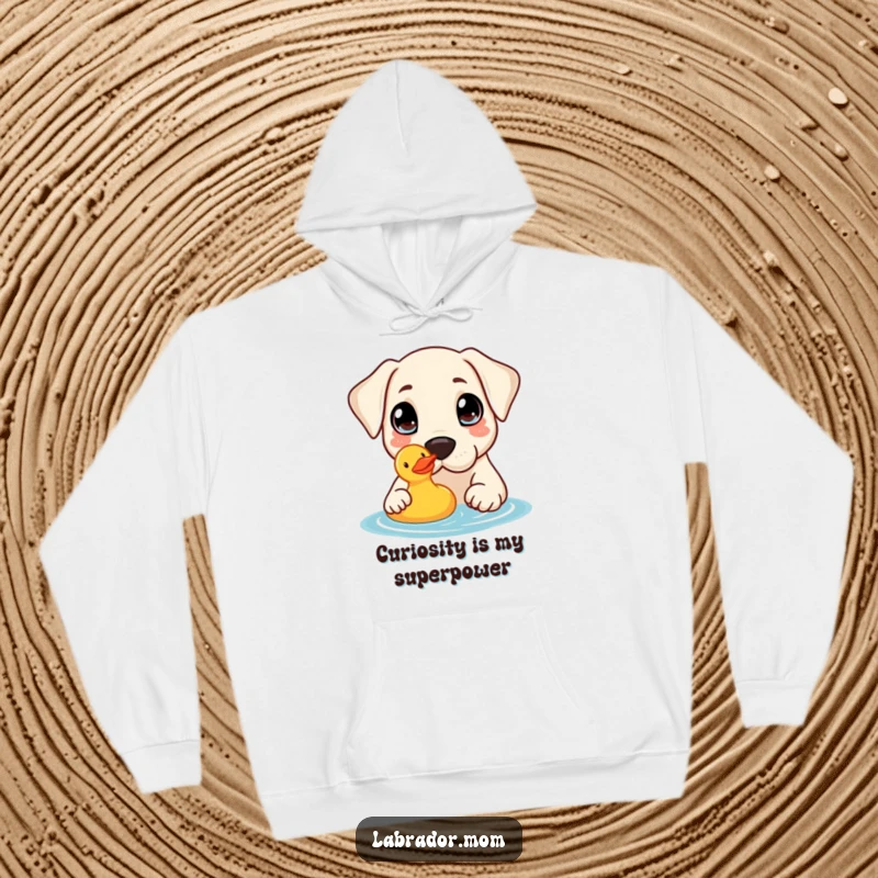 Funny Hoodie: A super cute kawaii Labrador with big curious eyes gently nudges a floating rubber duck.