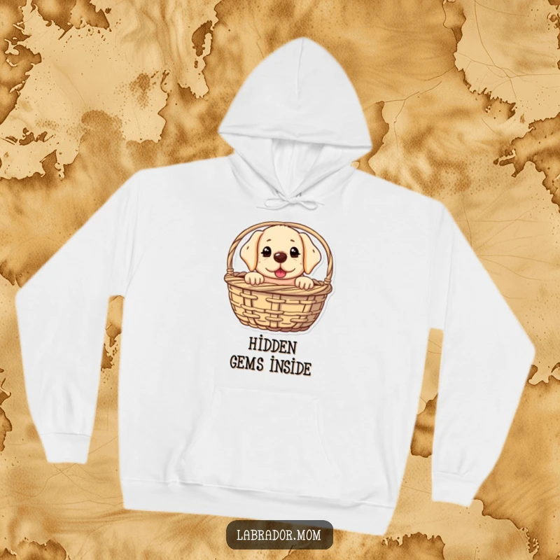 Funny kawaii Labrador hoodie showing a cute pup peeking from a basket with a mischievous glint, offering cozy comfort and humorous dog-themed style.