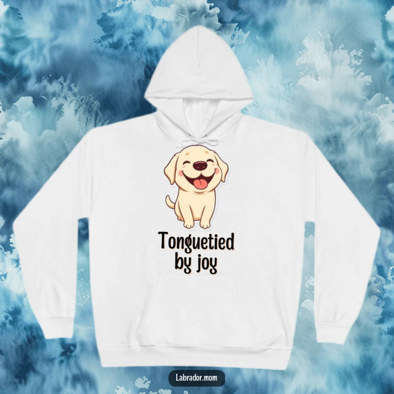 Funny kawaii Labrador hoodie showing a cute pup with a big grin and tongue out, offering cozy comfort and humorous dog-themed style.