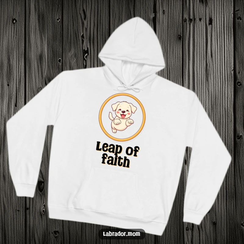 Funny Kawaii Labrador hoodie showing a happy dog jumping through a hoop, excellent funny gift.
