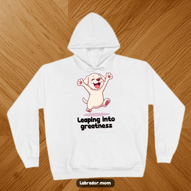 Funny Kawaii Labrador Hoodie, a cute dog leaping with boundless excitement, paws outstretched, perfect cozy funny gift.