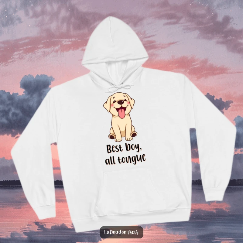 Funny kawaii Labrador dog in a warm hoodie, happily panting with tongue out, cozy and cheerful.
