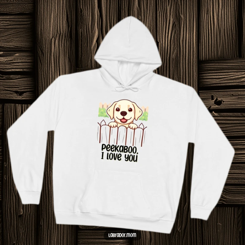 Funny kawaii Labrador dog in a warm hoodie, peeking over a fence with a playful look, cozy.