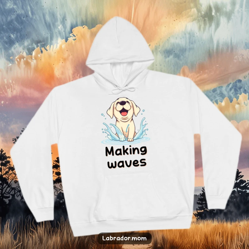 Funny Hoodie illustrating a joyful, animated Labrador creating a big splash of water with happy abandon, a true water enthusiast.