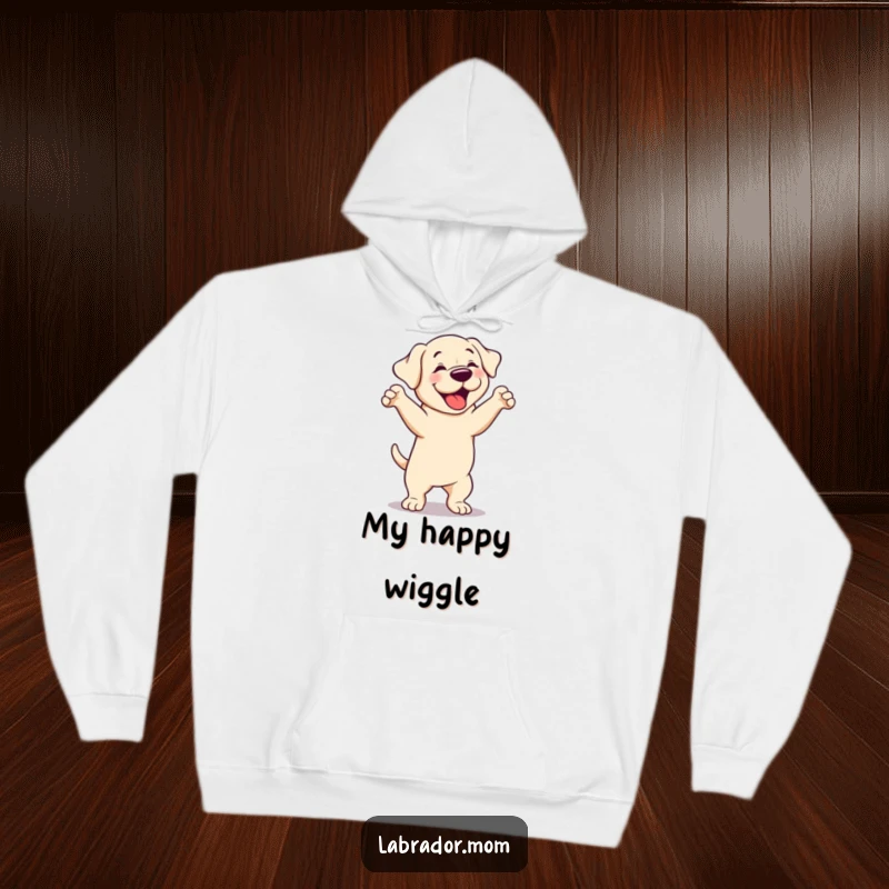 Funny cute Labrador dog hoodie, featuring a dog in a silly dance, offering warmth and humor.