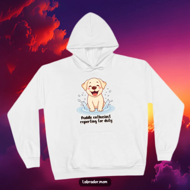 Funny Kawaii Labrador hoodie, cheerfully splashing in a puddle, water droplets frozen in motion, showcasing a dog's adventurous spirit.
