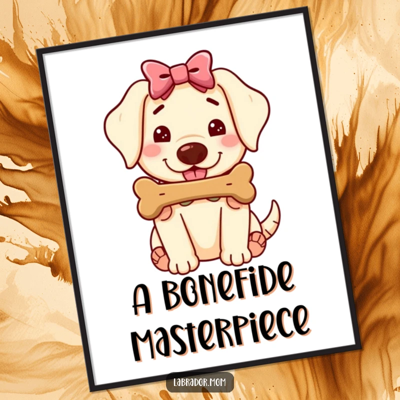 Funny Free Printable Wall Art: Kawaii Labrador wearing a bow, holding out a juicy bone with a friendly, inviting expression.