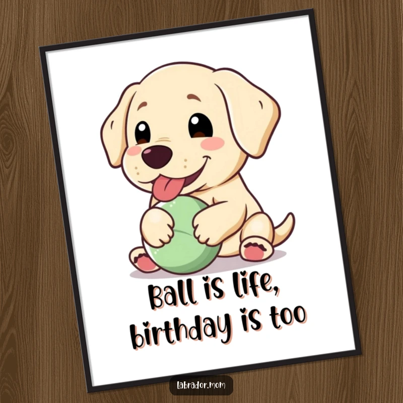 Funny Free Printable Wall Art: A happy Kawaii Labrador with a floppy ear pants contentedly with a ball.